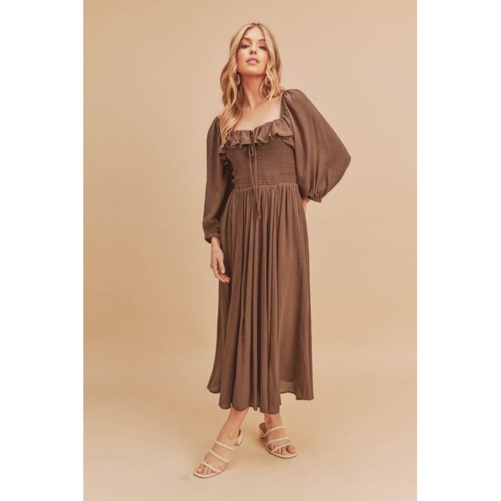 AEMI + CO Midi Dress Womens Smocked Puff Sleeve Brown Rayon Size S